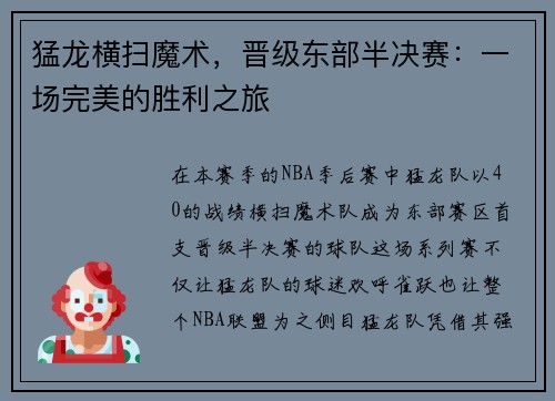 猛龙横扫魔术，晋级东部半决赛：一场完美的胜利之旅