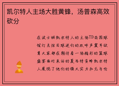 凯尔特人主场大胜黄蜂，汤普森高效砍分