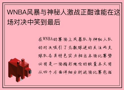 WNBA风暴与神秘人激战正酣谁能在这场对决中笑到最后