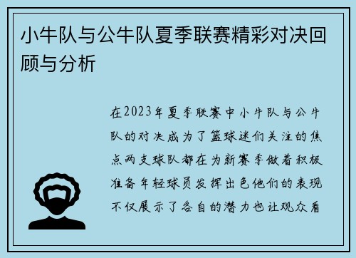 小牛队与公牛队夏季联赛精彩对决回顾与分析
