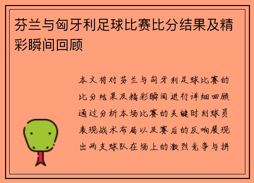 芬兰与匈牙利足球比赛比分结果及精彩瞬间回顾