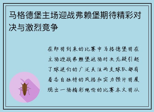 马格德堡主场迎战弗赖堡期待精彩对决与激烈竞争