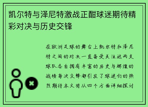 凯尔特与泽尼特激战正酣球迷期待精彩对决与历史交锋