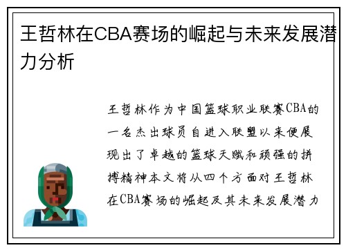 王哲林在CBA赛场的崛起与未来发展潜力分析