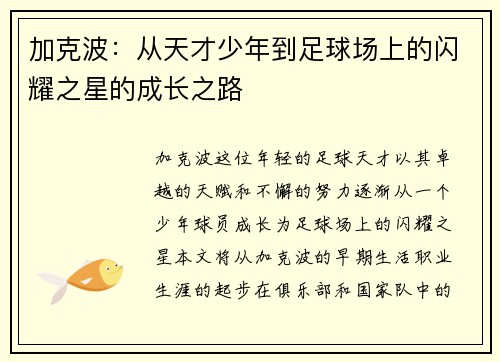 加克波：从天才少年到足球场上的闪耀之星的成长之路