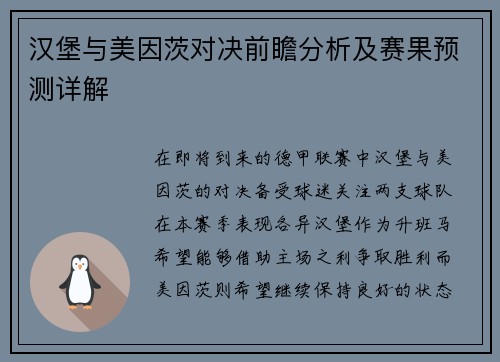 汉堡与美因茨对决前瞻分析及赛果预测详解